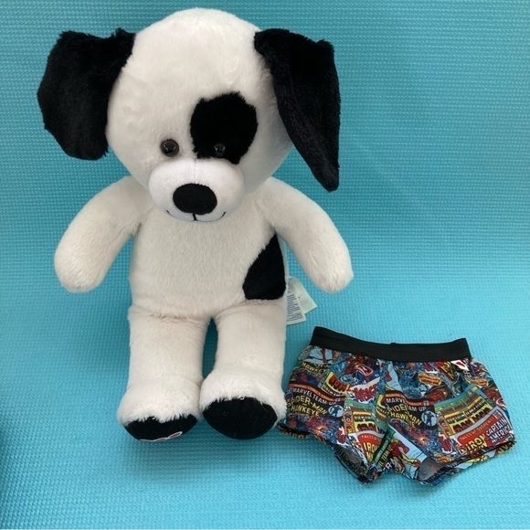 Build-A- Bear White and Black Puppy W/ Marvel Superhero Shorts - Picture 3 of 8